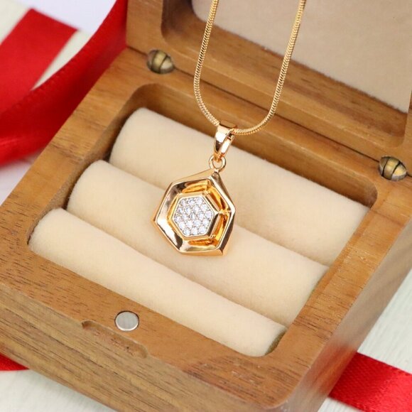 "Geometric Rose Gold Pendant with Crystal Hexagon, XPPT1575 - Picture 5 of 13